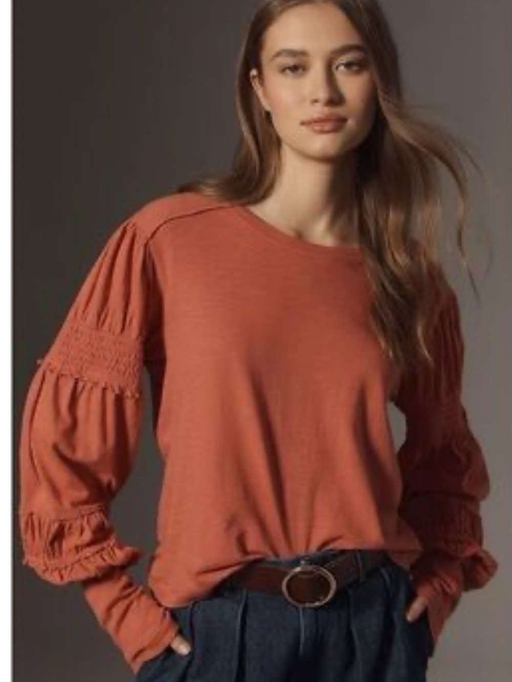 Pilcro Crew-Neck Ruched & Smocked-Sleeve Top size small